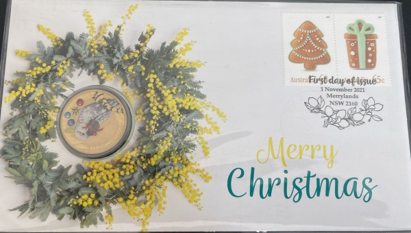 MOEDA DA AUSTRALIA - 1 DOLLAR 2021 (SERIE DE NATAL - ACOMPANHA ENVELOPE DO PRIMEIRO DIA DE LANCAMENTO + SELO ) - BRONZE ALUMINIO - DIAMETRO (+/-): 30,7mm.