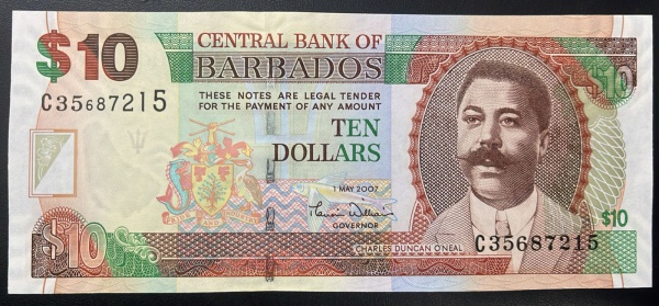 CEDULA DE BARBADOS - 10 DOLLARS 2007 - FLOR DE ESTAMPA.
