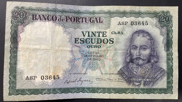 CEDULA DE PORTUGAL - 20 ESCUDOS OURO 1960 - MBC.