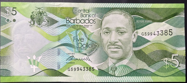 EMISSOR - DIFICIL - CEDULA DE BARBADOS - 5 DOLLARS 2013 - FLOR DE ESTAMPA.