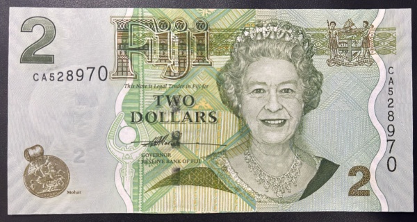 EMISSOR - DIFICIL - CEDULA DE FIJI - 2 DOLLARS - FLOR DE ESTAMPA.