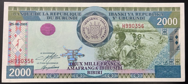 EMISSOR - DIFICIL - CEDULA DE BURUNDI - 2 000 FRANCS 2001 - FLOR DE ESTAMPA.