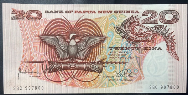 EMISSOR - DIFICIL - CEDULA DE PAPUA NOVA GUINE - 20 KINA - FLOR DE ESTAMPA.