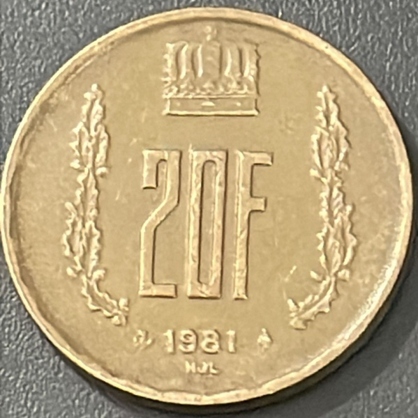 RARO - EMISSOR - MOEDA DE LUXEMBURGO - 20 F. 1981 - BRONZE ALUMINIO - DIAMETRO (+/-): 25,6mm.