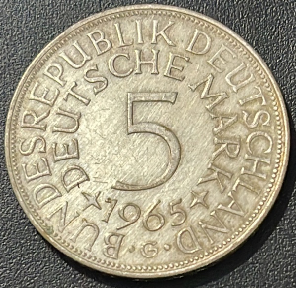 MOEDA DA ALEMANHA - 5 MARK 1965G - PRATA .625% - DIAMETRO (+/-): 29mm.