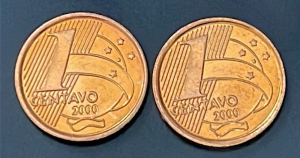 LOTE COM 02 - MOEDAs DO BRASIL - 1 CENTAVO DE REAL 2000 (FLOR DE CUNHO) - ACO REVESTIDO DE COBRE - DIAMETRO (+/-): 17mm.