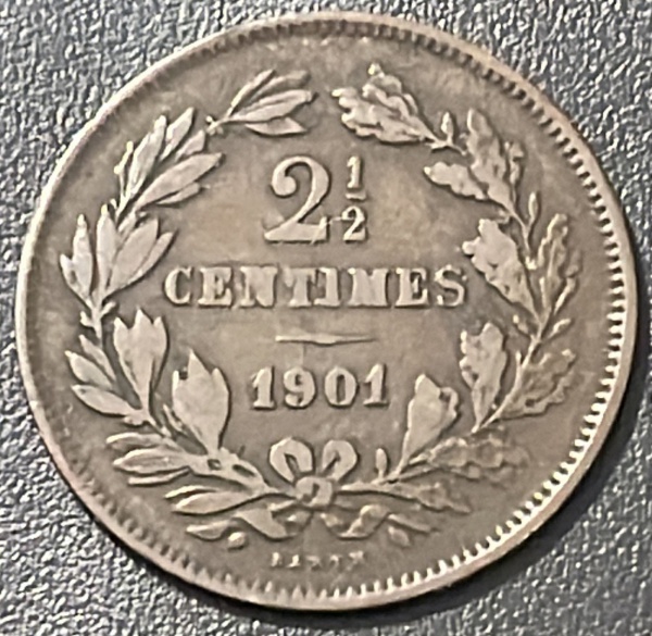 RARO - EMISSOR - MOEDA DE LUXEMBRUGO - 2.1/2 CENTIMES 1901 - COBRE - DIAMETRO (+/-): 21mm.