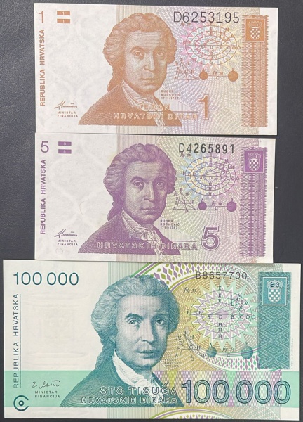 LOTE COM 03 CEDULAs DA YUGOSLAVIA - 100 000 /// 5 /// 1 DINARA - SOBERBA / FLOR DE ESTAMPA.