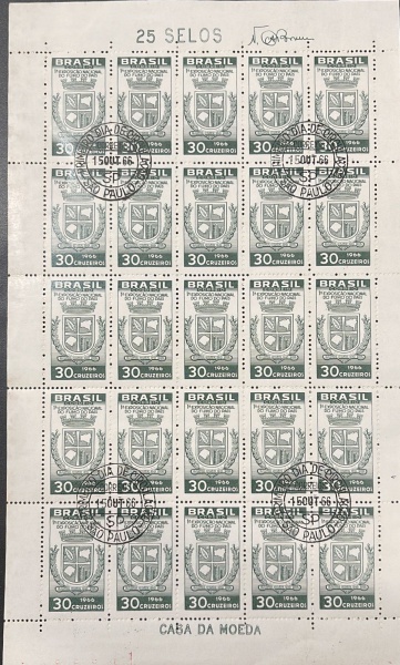 BRASIL - FOLHA COM 25 SELOS / CASA DA MOEDA (1* EXPOSIÇAO NACIONAL DE FUMO DO PAÍS) 1966. PRIMIERO DIA DE CIRCULAÇÃO.