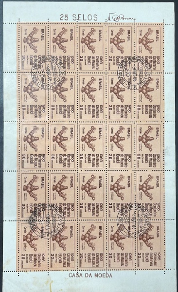 BRASIL - FOLHA COM 25 SELOS / CASA DA MOEDA (CENTENARIO DO MUSEU DE GOELDI - BELÉM-PARÁ) 1966. PRIMIERO DIA DE CIRCULAÇÃO.