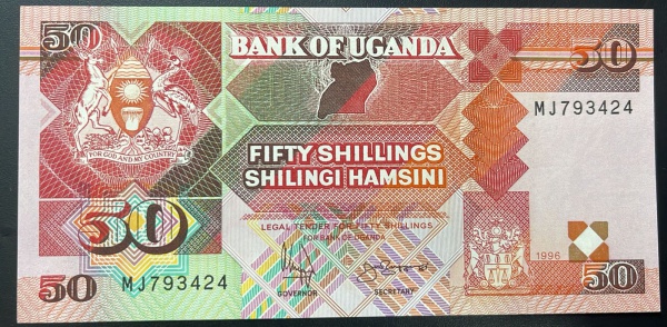 CEDULA DE UGANDA - 50 SHILLINGS 1996 - FLOR DE ESTAMPA.