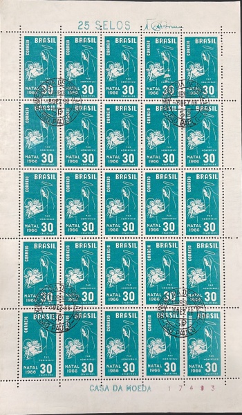 BRASIL - FOLHA COM 25 SELOS / CASA DA MOEDA (NATAL) 1966. PRIMIERO DIA DE CIRCULAÇÃO.