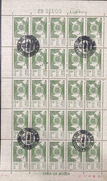 BRASIL - FOLHA COM 25 SELOS / CASA DA MOEDA (50 ANIVERSÁRIO - LIONS INTERNACIONAL - JUBILEU DE OURO) 1967. PRIMIERO DIA DE CIRCULAÇÃO.