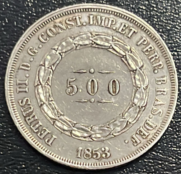 MOEDA DO BRASIL - 500 REIS 1853 - PRATA .917% - DIAMETRO (+/-): 26mm.