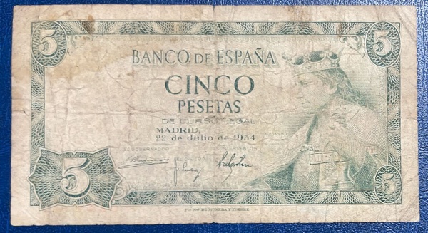 CEDULA DA ESPANHA - 5 PESETAS 1954 - BC / MBC.