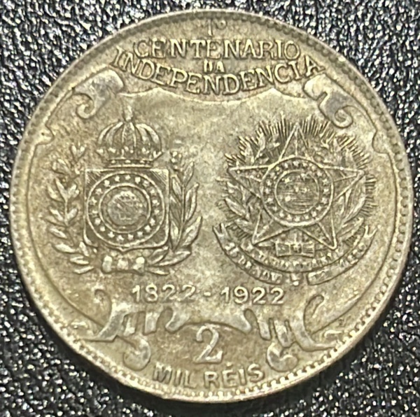 MOEDA DO BRASIL - 2 000 REIS 1922 - PRATA .500% - DIAMETRO (+/-): 26mm.