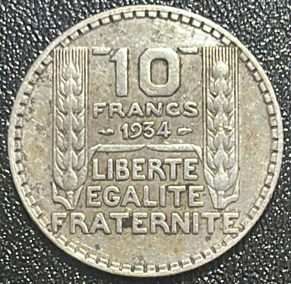 MOEDA DA FRANCA - 10 FRANCS 1934 - PRATA .680% - DIAMETRO (+/-): 28mm.