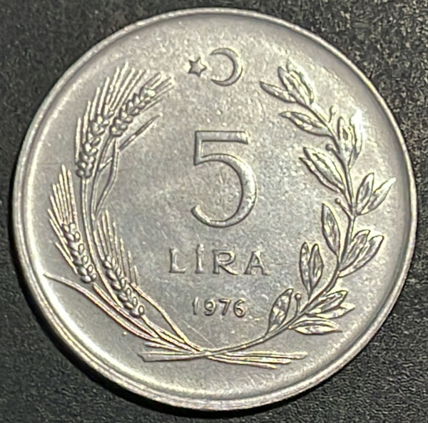 MOEDA DA TURQUIA - 5 LIRA 1976 - ACO INOX - DIAMETRO (+/-): 30mm.