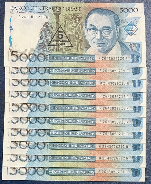 LOTE COM 10 CEDULAs DO BRASIL - 5 CRUZADOS NOVO - SOBERBA / FLOR DE ESTAMPA - C200 (REF. CATALOGO CLAUDIO AMATO.