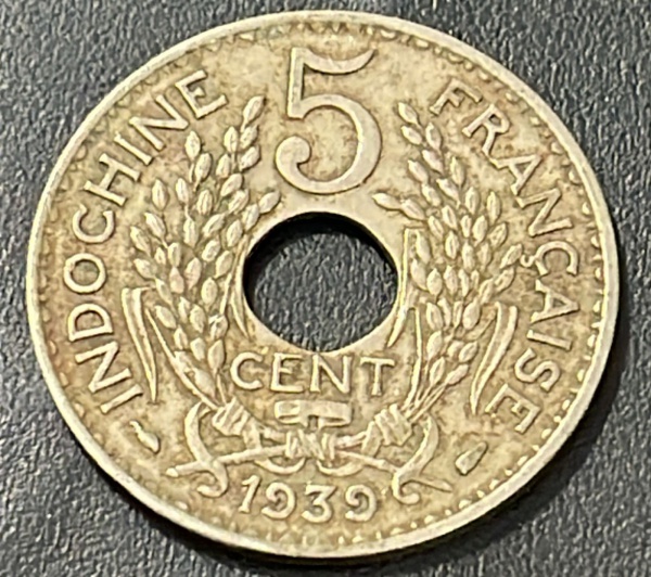 EMISSOR - DIFICIL - MOEDA DA INDOCHINA FRANCESA - 5 CENT 1939 - CUPRONIQUEL - DIAMETRO (+/-): 24mm.