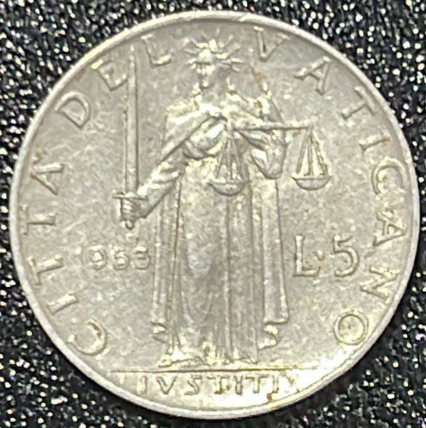 MOEDA DA CIDADE DO VATICANO - L. 5 1953 - ALUMINIO - DIAMETRO (+/-): 20,3mm.