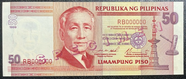 SPECIMEN - CEDULA DAS PILIPINAS - 50 PISO 1999 - SOBERBA / FLOR DE ESTAMPA.