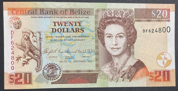 CEDULA DE BELIZE - 20 DOLLARS 2007 - FLOR DE ESTAMPA.