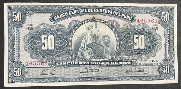 CEDULA DO PERU - 50 SOLES DE ORO 1968 - MBC / SOBERBA.