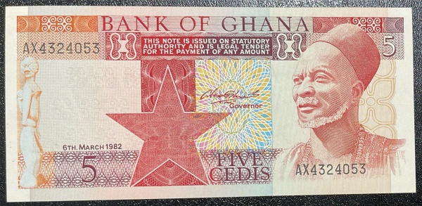 CEDULA DE GHANA - 5 CEDIS 1982 - FLOR DE ESTAMPA.