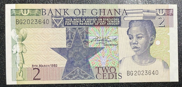 CEDULA DE GHANA - 2 CEDIS 1982 - FLOR DE ESTAMPA.
