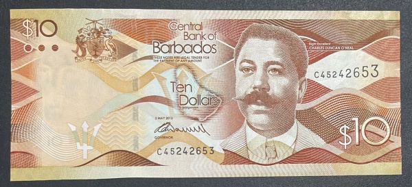 CEDULA DE BARBADOS - 10 DOLLARS - SOBERBA / FLOR DE ESTAMPA.