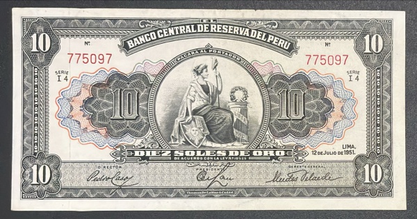 CEDULA DO PERU - 10 SOLES DE ORO 1951 - MBC.