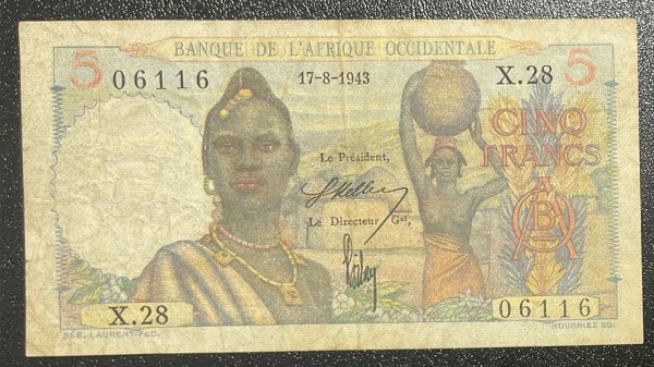 CEDULA DO `BANQUE DE L`AFRIQUE OCCIDENTALE` - 5 FRANCS 1943 - MBC.