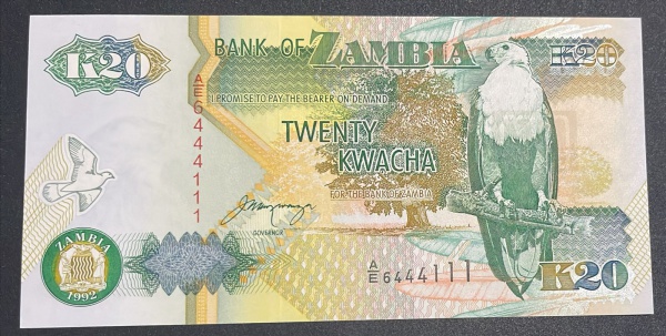 CEDULA DO ZAMBIA - 20 KWACHA 1992 - FLOR DE ESTAMPA.