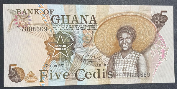 CEDULA DE GHANA - 5 CEDI 1977 - FLOR DE ESTAMPA.