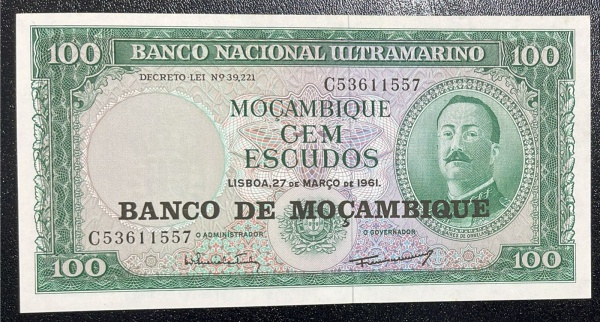 CEDULA DO BANCO NACIONAL ULTRAMARINO MOCAMBIQUE - 100 ESCUDOS 1961 - SOBERBA / FLOR DE ESTAMPA.