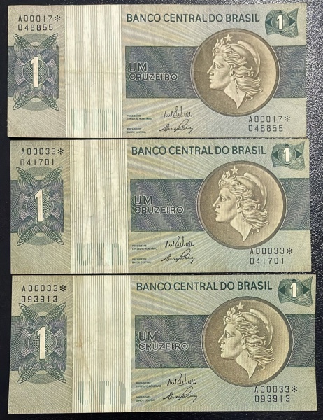 REPOSICAO (00033*) - LOTE COM 03 - CEDULA DO BRASIL - 1 CRUZEIRO - C129a (REF. CATALOGO CLAUDIO AMATO) - MBC.