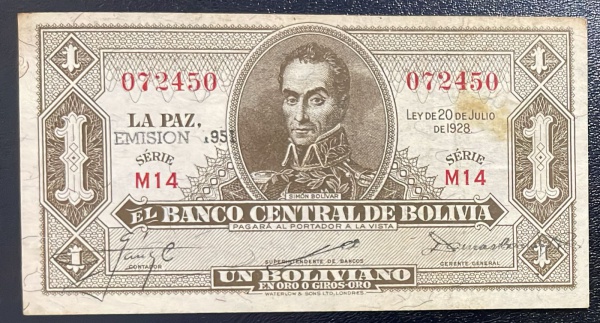 CEDULA DA BOLIVIA - 1 BOLIVIANO 1928 - MBC.