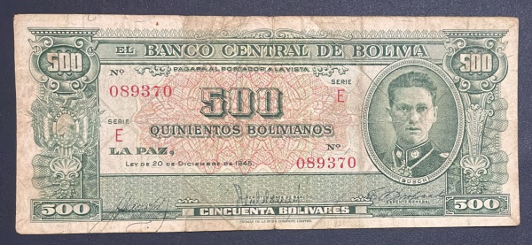 CEDULA DA BOLIVIA - 500 BOLIVIANOS 1945 - MBC.