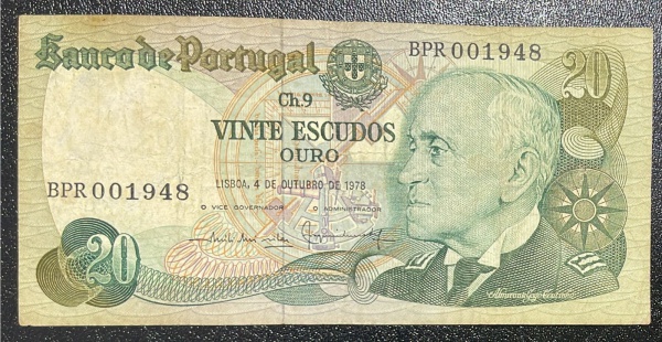 CEDULA DE PORTUGAL - 20 ESCUDOS OURO 1978 - BC / MBC.
