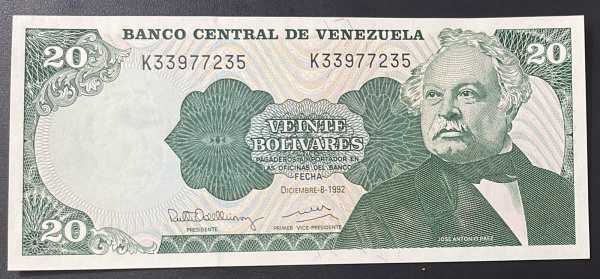 CEDULA DA VENEZUELA - 20 BOLIVARES 1992 - FLOR DE ESTAMPA.