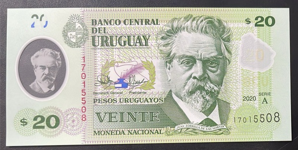 CEDULA DO URUGUAI - 20 PESOS 2020 - FLOR DE ESTAMPA.