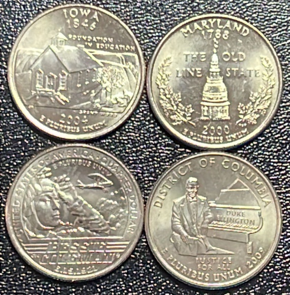 LOTE COM 04 - MOEDAS DOS EUA - QUARTER DOLLAR - DIFERENTES - COBRE + REVESTIMENTO DE CUPRONIQUEL - DIAMETRO (+/-): 24,3mm - CONFORME FOTOS.