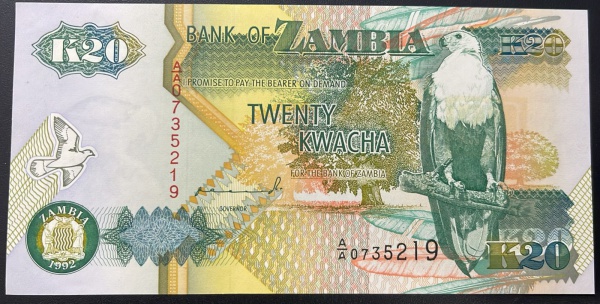 CEDULA DO ZAMBIA - 20 KWACHA 1992 - FLOR DE ESTAMPA.