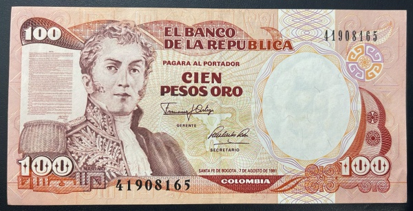 CEDULA DA COLOMBIA - 100 PESOS ORO 1991 - SOBERBA.