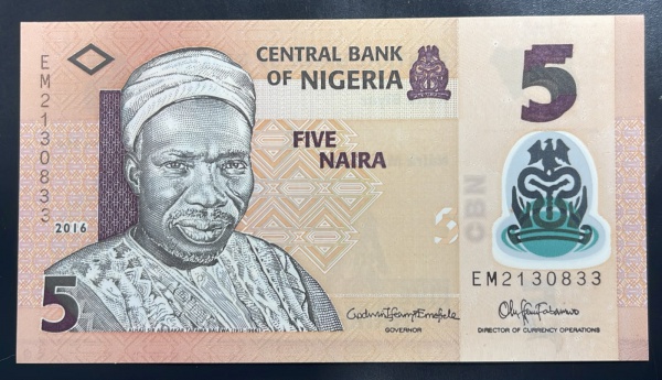 POLIMERO - CEDULA DA NIGERIA - 5 NAIRA 2016 - FLOR DE ESPANHA.