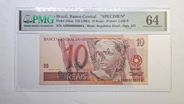 Joias . Cédula do brasil - 10 Reais - 1997 - Certificada PMG MS64 - Não Catalogada ...