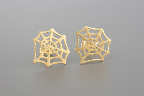 Joias . Brincos Teia em Ouro Amarelo 18k com Aprox. 2pts de Brilhantes - Tamanho 18mm - ...