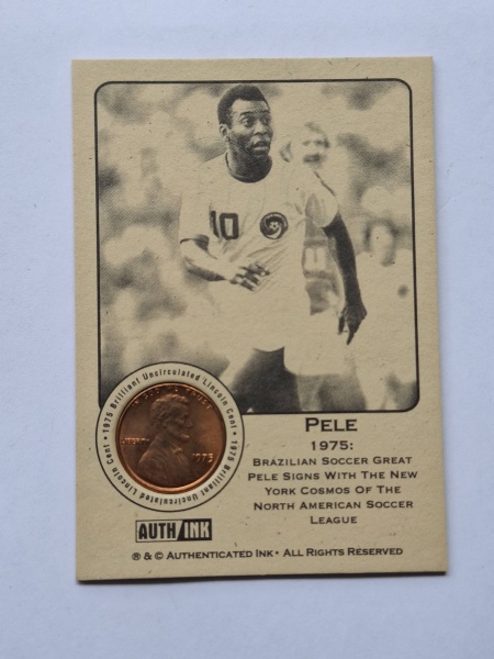 Joias . CARD DA CHEGADA DE PELÉ NO COSMOS DE NOVA YORK EM 1975 COM MOEDA DE 1 CENTAVO ...