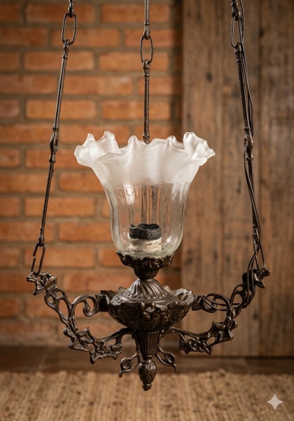 Lote 1 Luminária suspensa decorativa, em metal fundido e vidro translúcido, ambos ... Valor de venda